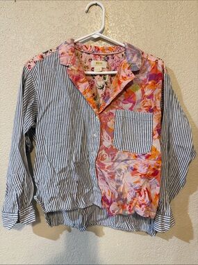 Maeve Mixed-Print Button-Down Shirt in Pink & Blue